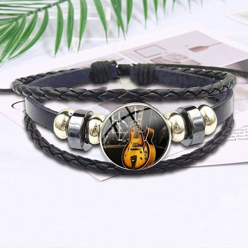 Bijoux Vintage Pour Enfants, Cabochon En Verre Plaqué, Maxi Bracelet En Cuir Noir, Note Musicale Plaquée