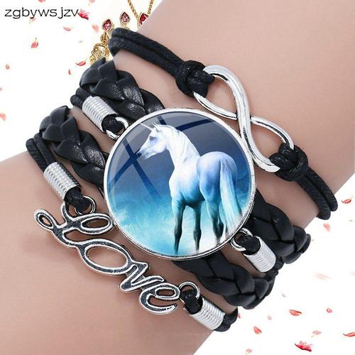 Bracelet En Cuir Noir Pour Femmes Et Enfants, Gourmette Multicouche En Verre, Motif Licorne Blanche