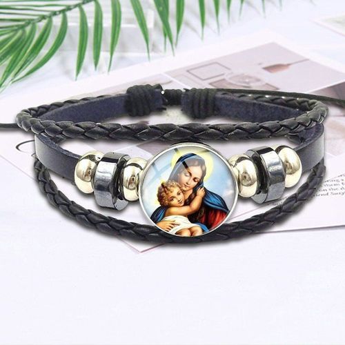 Bracelet En Cuir Noir Pour Filles, Cabochon En Verre Mère De Bébé Vierge Marie, Cadeau Fait À La Main