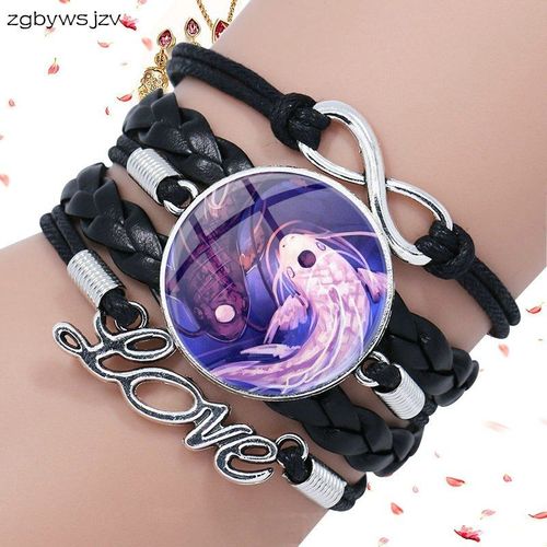 Bracelet En Cuir Noir Multicouche, Cabochon En Verre À La Mode, Fait À La Main Maxi Pour Filles, Meilleur Cadeau Yin Yang Fish