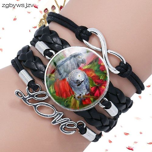 Bracelet En Cuir Noir Multicouche Pour Femmes, Bijoux Africains, Queue Rouge, Perroquet Gris, Verre, Cabochon, Cadeau De Fête