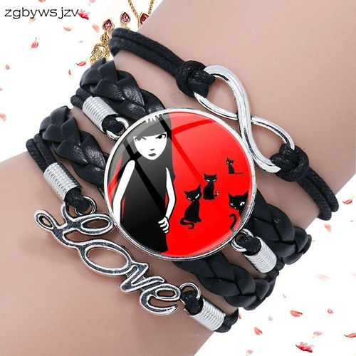 Bracelet Multicouche En Cuir Noir Plaqué, Cristal De Verre, Pour Femmes, Bijoux À Breloques Ronds, Cadeaux Pour Garçon, Emily The Strange