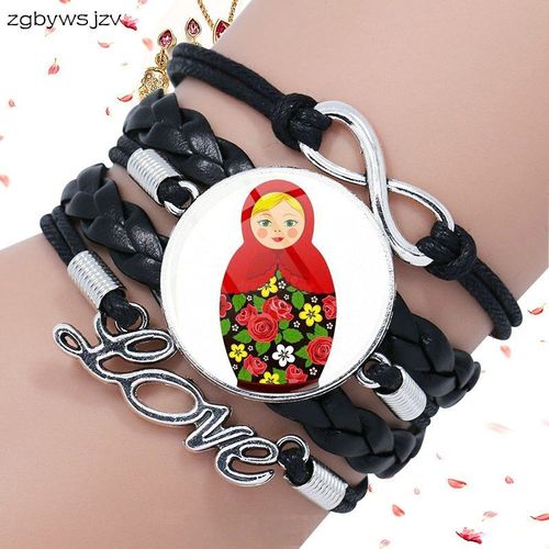 Nouveau Bracelet En Cuir Noir Multicouche, Cabochon En Verre, Bijoux Pour Femmes, Poupées Russes Plaquées
