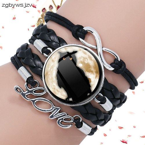 Bijoux Animaux Classiques Pour Femmes Et Filles, Cabochon En Verre, Multicouche, Bracelet En Cuir Noir
