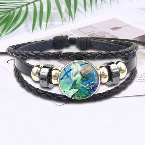 Bracelet En Cuir Noir Style Rétro Pour Femme, Bijoux De Fête, Cabochon En Verre Plaqué, Perle De Sirène