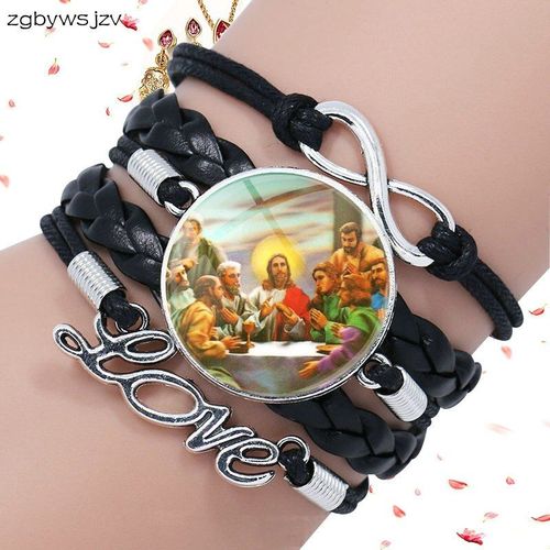 Bracelet En Cuir Noir Pour Femmes Et Filles, Bijoux En Verre, Cabochon Multicouche, Bijoux Jésus Christ Chrétien
