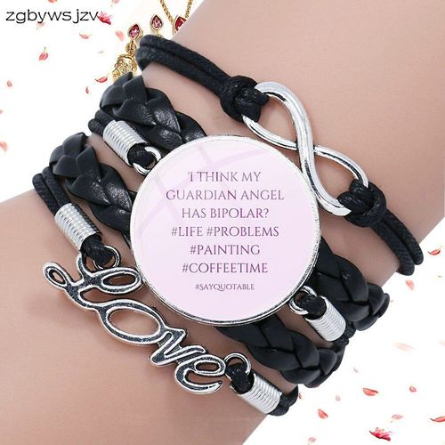 Bracelet En Cuir Noir Avec Inscription My Guardian Angel Lives In Sky Pour Femmes Et Hommes, Cabochon En Verre Multicouche, Offre Spéciale