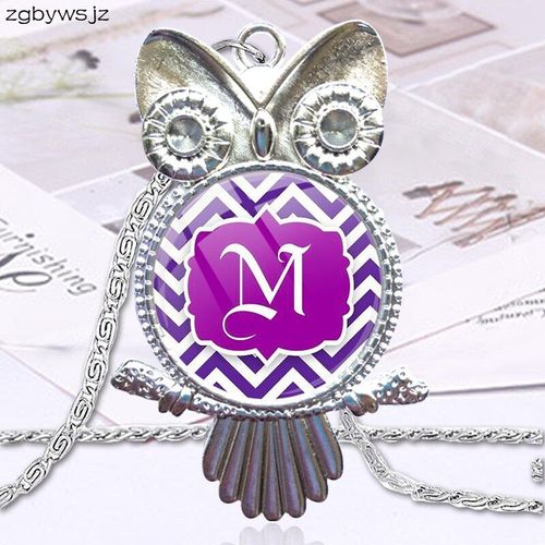 Pendentif Monogramme Violet Chevron En Verre, Hibou, Collier Ras Du Cou, Bijoux Pour Cadeau De Saint Valentin