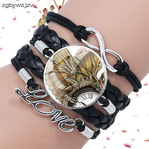 Bracelet En Cuir Noir Multicouche Avec Cabochon En Verre Pour Femmes, Punk Dragon Wings, Nouvelle Marque De Bijoux
