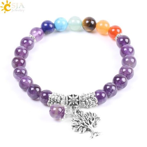 Bracelet En Pierre Naturelle, Quartz Violet, 7 Perles De Chakra, Yoga, Méditation, Pendentif Arbre De Vie, Combinaison D'équilibre Pour Femmes, F107