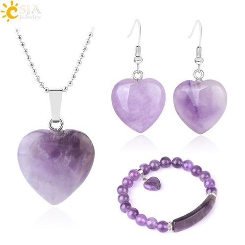 Csja Ensemble De Bijoux Amour C¿Ur Pour Femmes, Bijoux En Pierre Naturelle, Pierres Précieuses En Améthyste, Perles, Bracelet Pendentif, Boucles D'oreilles, Collier F640