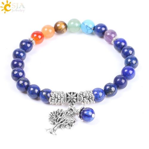 Csja Bracelets En Pierres Naturelles Pour Femmes Et Hommes, Perles Lapis Lazuli, 7 Chakra, Reiki, Corde Élastique, Arbre De Vie, Mode, Bijoux, Bracelets F124