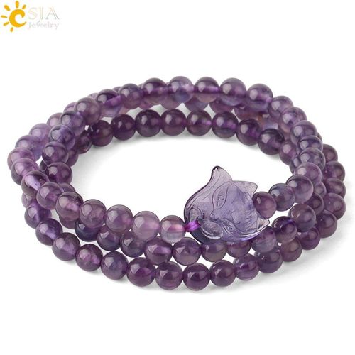 Bracelet Enroulé En Pierre Naturelle, Cristal Violet, 6mm, Améthystes Reiki, Breloques En Renard, Simple, Pour Femmes Et Hommes, G354