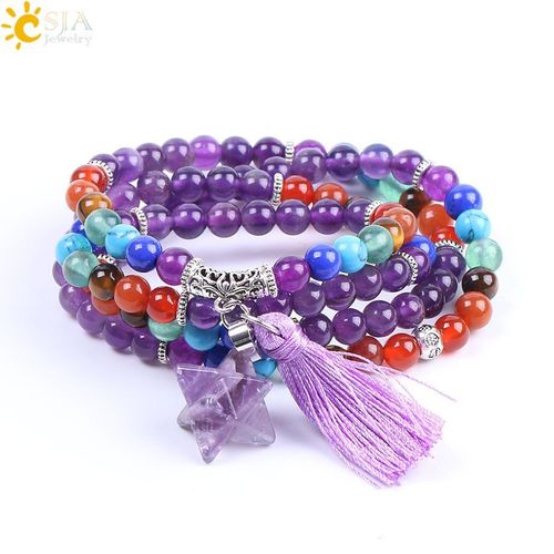 Bracelet En Pierre Améthyste Naturelle, Bijou De Méditation, Cristal Violet, Arc En Ciel, 7 Chakras, Enroulé, F210