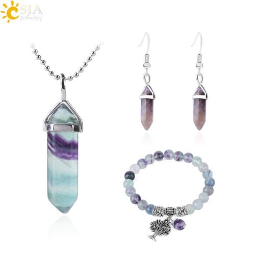 Ensemble De Bijoux En Pierre Naturelle Pour Femmes Et Hommes, Bracelet En Fluorite, Collier Hexagonal En Forme De Balle, Boucles D'oreilles En Cristal Violet, Cadeau F644
