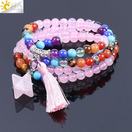 Bracelet Et Collier En Quartz Rose Pour Femme, 108 Perles, En Pierre Naturelle, Cristal, 7 Chakras, Énergie, Bijoux F214