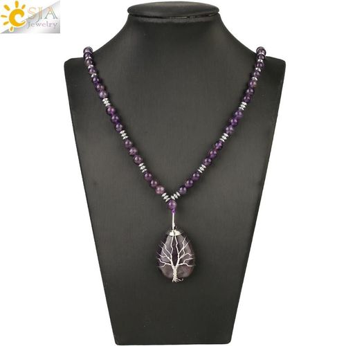 Collier Long En Cristal Violet En Pierre Naturelle, Pendentif Goutte D'eau, Arbre De Vie, Collier Perlé 7 Chakra, Bijoux S480