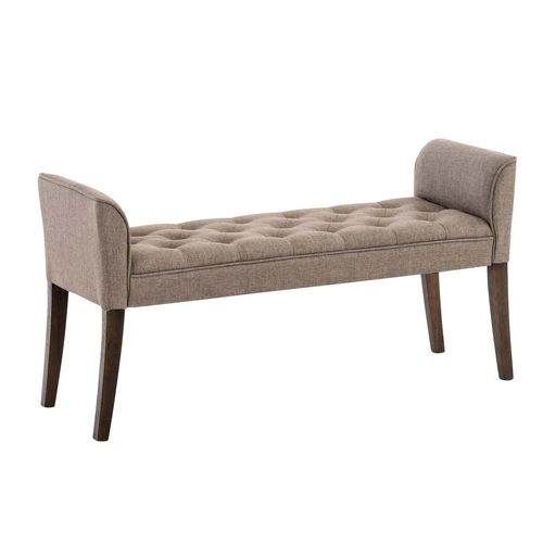 Banc Banquette Capitonné En Tissu Taupe Avec Pieds En Bois Marron Foncé Largeur 133cm Ban10100