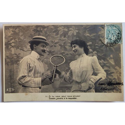 Série De 5 Cartes Postales Anciennes, Couple,Jeu De Tennis, Raquette, Jeu De L'amour Et De La Séduction