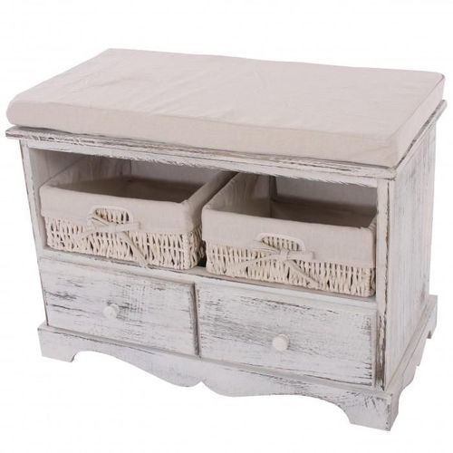 Banquette Banc En Bois Avec 2 Paniers Et Tiroirs Blanc 42x62x33cm Ban04024