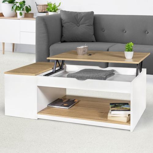 Table basse plateau relevable effet béton et bois blanc - ELEA