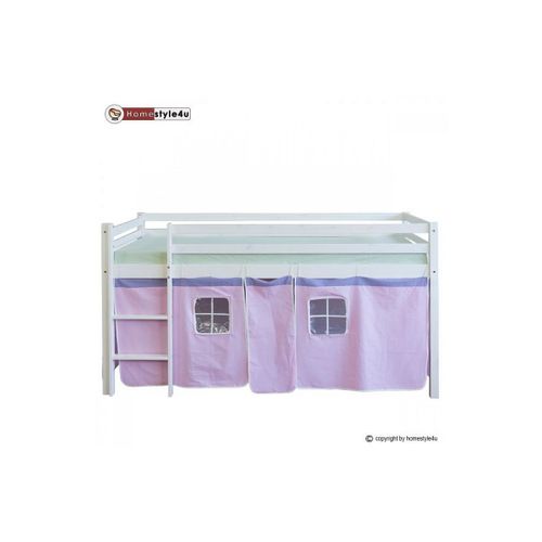 Lit Simple Blanc 90x200 En Hauteur Avec Echelle Et Rideau Rose