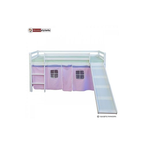 Lit Simple Blanc 90x200 En Hauteur Avec Echelle Et Rideau Rose Et Toboggan