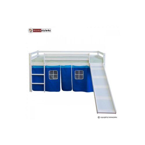 Lit Simple Blanc 90x200 En Hauteur Avec Echelle Et Rideau Bleu Et Toboggan