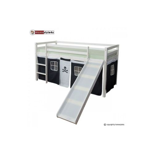 Lit Simple Blanc 90x200 En Hauteur Avec Echelle Et Rideau Fonc Et Toboggan