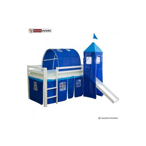 Lit Simple Blanc 90x200 En Hauteur Avec Echelle Rideau Tour Tunnel Bleu Et Toboggan