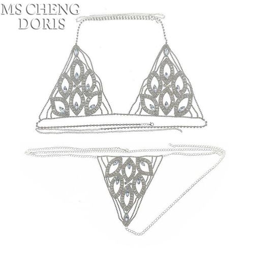 Culotte Tanga Sexy En Forme De Feuille Avec Strass Pour Femmes, Ensemble De Sous Vêtements Bikini, Bijoux De Corps En Cristal, Chaîne De Taille