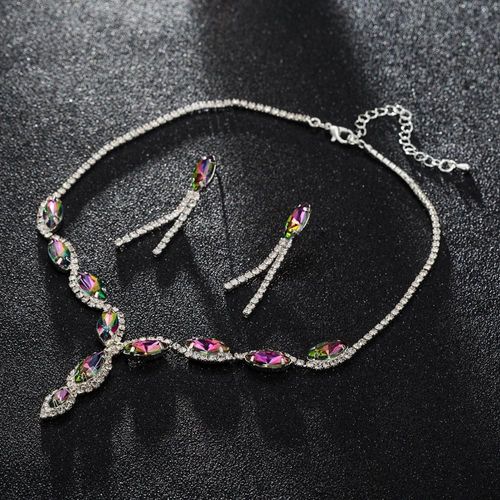 Parure De Bijoux De Mariage, Ensemble De Boucles D'oreilles Et Collier Ras Du Cou, En Cristal Coloré, À La Mode