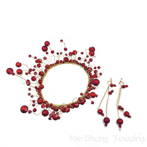 Couronne De Mariée Faite À La Main, Imitation De Perle Rouge, Simple, Élégant, Cerceau, Joli Bandeau De Mariage, Ensembles De Boucles D'oreilles D'ornement