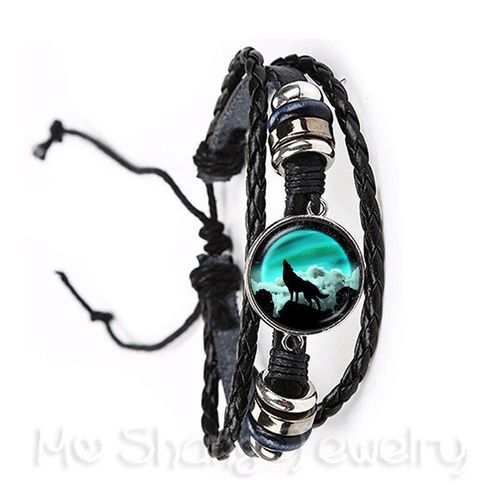 Bracelet En Cuir Noir/Marron Classique, Motif Tête De Loup, Boucle En Métal Et Verre, Bijoux Punk, Tissage, Multicouche, Breloque