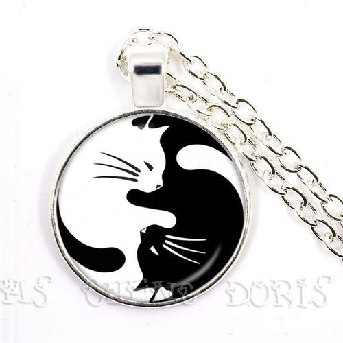Pendentif Chat Noir Et Blanc Plaqué Argent Pour Femmes, Accessoires, Bijoux Animaux Mignons, Dôme En Verre