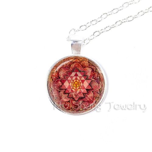 Pendentif Sri Yantra, Mandala Rouge, Fleur De Lotus, Collier Pour Femmes, Dôme En Verre, Collier Bouddhiste, Indien, Bijoux Vintage