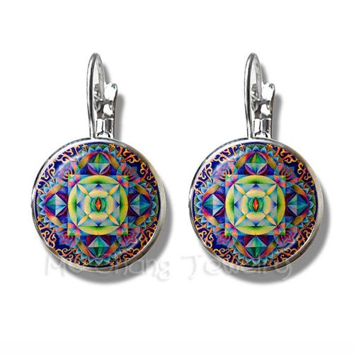 Boucles D'oreilles En Forme De Fleur De Vie Pour Femmes Et Filles, Cabochon En Verre Plaqué Argent, Cadeau Classique De Yoga, 16mm