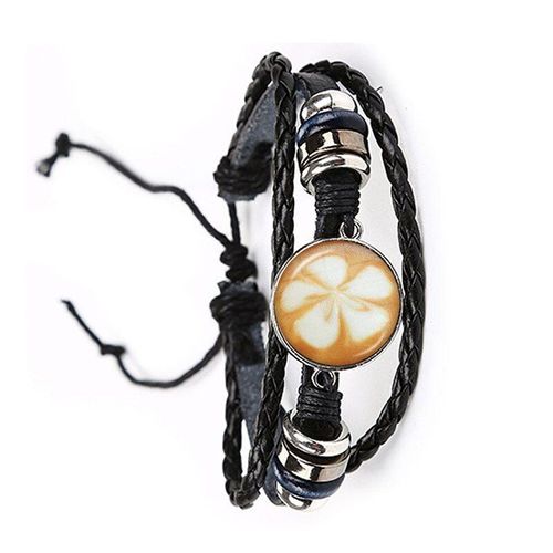 Café Latte Sculpture Mandala Verre Cabochon Bracelet En Cuir Impression Chocolat Trèfle À Quatre Feuilles Charme Bijoux Pour Femmes Et Hommes