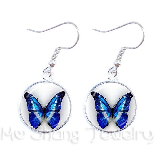 Boucles D'oreilles Romantiques Et Mignonnes En Verre Pour Femmes, Image De Papillon Blanc Et Bleu, Cadeau De Mariage