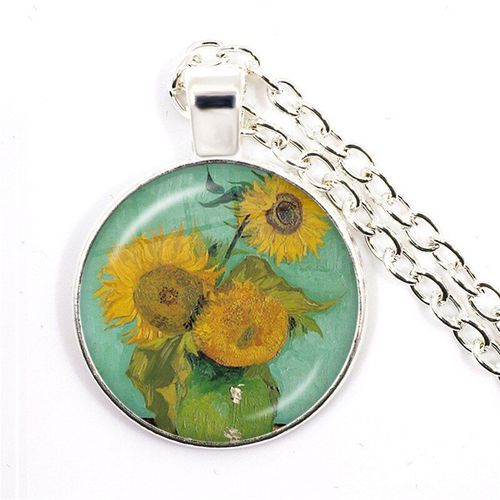 Collier Rétro Avec Cabochon En Verre Plaqué Argent Pour Femmes Et Filles, Pendentif, Art Van Gogh, Nuit Étoilée, Tournesol, 25mm