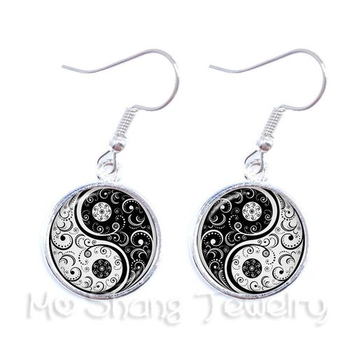 Boucles D'oreilles En Verre Noir Et Blanc, Bijou Pendentif Naturel, Rustique, Style Boho, Symbole D'harmonie