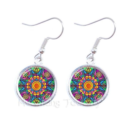 Boucles D'oreilles Bouddhistes Faites À La Main, Dôme En Verre, Vintage, Néon, Bleu, Rose, Violet, Vert, Mandala, Boho