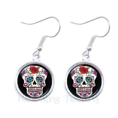 Boucles D'oreilles Squelette Noir Et Blanc, Dôme En Verre, Bijoux De Temps, Cadeau Du Jour Des Morts Pour Amis