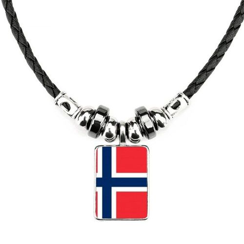 Collier Avec Drapeau National De La Norvège, Bijoux Pays D'europe, Pendentif Avec Cordon En Cuir