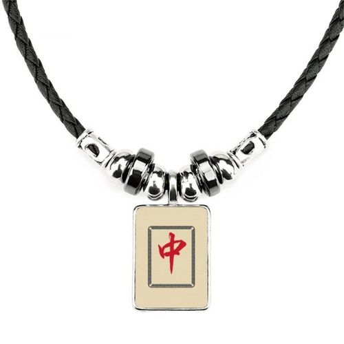 Collier À Motif De Carreaux De Mahjong Rouge, Pendentif En Cuir, Cordon
