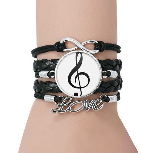 Bracelet D'amour En Cuir Torsadé Noir, Avec Triple Clef De Musique, Cordon Blanc