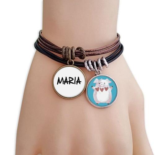 Bracelet À Corde Avec Écriture Du Nom Anglais Maria, Ensemble D'amour Cochon Et C¿Ur