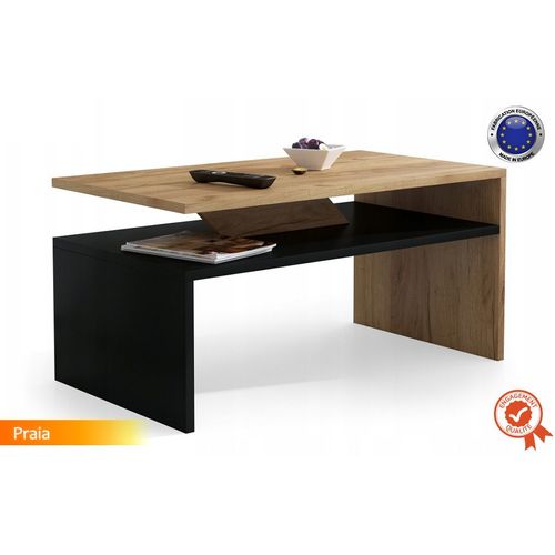 Table Basse - Praia - Noir Et Finition Bois Avec Rangement 90-50 Cm