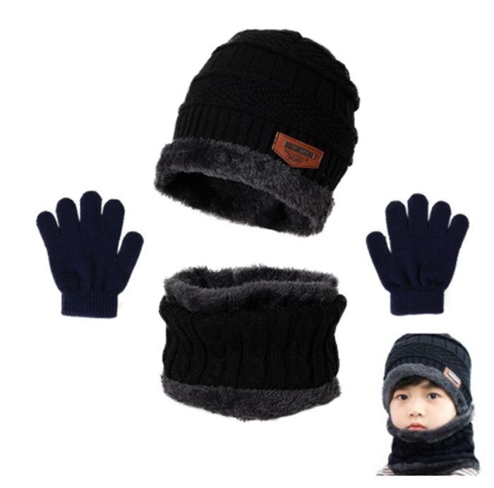 3 En 1 Hiver Chapeau Écharpe Gants Ensemble Enfants Chaud Épais Tricot Cap Avec Doublure En Molleton Pour 2-8 Ans(Black)