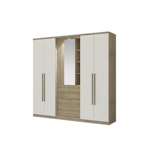 Armoire Isak Ii - 4 Portes - Miroir Et Tiroirs - L240 Cm - Chêne Et Ivoire